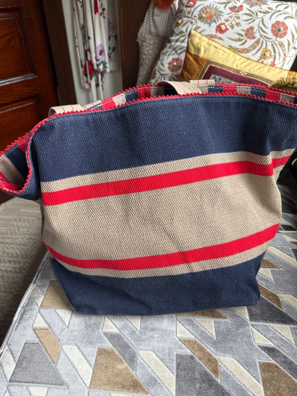 Universal Thread Striped Canvas Duffel Bag - Navy, Red & Beige
